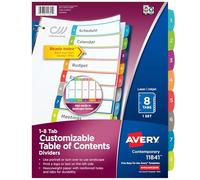 Avery 8 Tab Dividers for 3 Ring Binders, Customizable Table of Contents, Multicolor Tabs, 1 Set (11841)