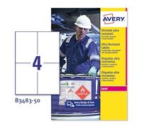 Avery B3483-50 Extra Strong Adhesive, Ultra Heavy Duty Industrial Waterproof Labels, 4 Labels Per A4 Sheet, White
