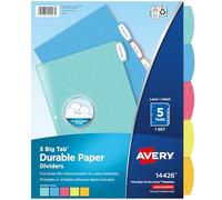 Avery Big Tab Durable Paper Dividers for 3 Ring Binders, 5 Tabs per Set, Assorted Bright Colors, White Printable Labels, 1 Set, Perfect for School, Office, and Home Organization (14426)