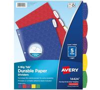 Avery Big Tab Durable Paper Dividers for 3 Ring Binders, 5 Tabs per Set, Assorted Primary Colors, White Printable Labels, 1 Set, Perfect for School, Office, and Home Organization (14424)