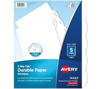 Avery Big Tab Durable Paper Dividers for 3 Ring Binders, 5 Tabs per Set, White Printable Labels, 1 Set, Perfect for School, Office, and Home Organization (14422)