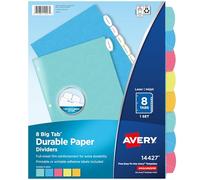 Avery Big Tab Durable Paper Dividers for 3 Ring Binders, 8 Tabs per Set, Assorted Bright Colors, White Printable Labels, 1 Set, Perfect for School, Office, and Home Organization (14427)