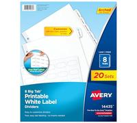 Avery Big Tab Printable White Label Dividers with Easy Peel, 8 Tabs, 20 Sets (14435)