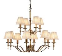 Avery Ceiling Pendant Chandelier Light 12 Lamp Antique Brass & Beige Pleat Shade