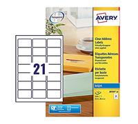 Avery Clear, Transparent, Printable, Address Labels, 63.5 x 38.1 mm, Clear, See-Through 21 Labels per Sheet, 210 Blank Labels per Pack (J8560-10)