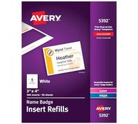 Avery Name Badge Insert Refills, Cardstock, 3" x 4", White