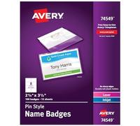 Avery Customizable Name Badges with Pins, 2.25" x 3.5", Clear Name Tag Holders with White Printable Inserts, 100 Pin Style Name Badges (74549)