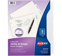 AVERY Durable Plastic 5-Tab Write & Erase Big Tab Dividers for 3 Ring Binders, White, 1 Set (16370)