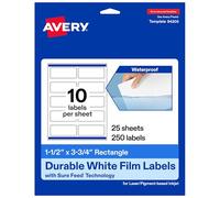Avery Durable Waterproof Rectangle Labels with Sure Feed, 1.5" x 3.75", 250 Oil and Tear-Resistant Waterproof Labels, Print-to-The-Edge, Laser/Pigment-Based Inkjet Printable Labels