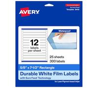Avery Durable Waterproof Rectangle Labels with Sure Feed, 5/8" x 7-1/2", 300 Oil and Tear-Resistant Waterproof Labels, Print-to-The-Edge, Laser/Pigment-Based Inkjet Printable Labels