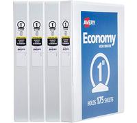 Avery Economy View 3 Ring Binders, Homeschool Supplies, Home Organization, 1" Round Rings, 4 White Binders (05711)