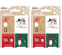 Avery Festive Label Pack with Gnome Designs - 12 PCS Gift Label Stickers, Premium Christmas Name Labels and Gift Wrap Decoration. (Pack of 2)