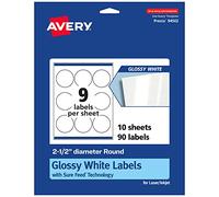 Avery® Glossy White Round Labels, Sure Feed® Technology, 2.5" Diameter, 90 Glossy White Labels, Print-to-The-Edge, Permanent Adhesive, Laser/Inkjet Printable