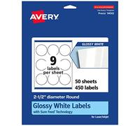 Avery Glossy White Round Labels with Sure Feed, 2.5" Diameter, 450 Glossy White Labels, Print-to-The-Edge, Permanent Label Adhesive, Laser/Inkjet Printable Labels