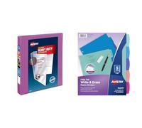 Avery Heavy-Duty 3 Ring Binder, 1 Inch Slant Rings, Orchid View Binder (79272) & Durable Plastic 5-Tab Write & Erase Big Tab Dividers for 3 Ring Binders, Pastel Brights
