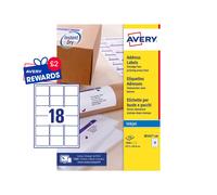 Avery Inkjet Address Label 63.5X46.6Mm 18 Per A4 Sheet White Pack 1800 Labels J8