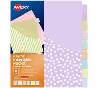 Avery Insertable Pocket Dividers for 3 Ring Binders, 8 Tabs, Pastel Big Tabs, Classic Patterns, Expands Beyond Sheet Protectors, Great for Organizing Reports and More (07715)