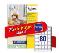 Avery Italia L4732REV-30P White Paper Adhesive Labels Removable No Residue,25+5 Extra Sheets, Rectangular 35.6x16.9mm, 80 Labels Per Sheet, Removable Sticker, Laser/Inkjet Printing