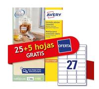 Avery Italia L4737REV-30P White Paper Adhesive Labels Removable No Residue,25+5 Extra Sheets, Rectangle 63.5x29.6mm, 27 Labels Per Sheet, Removable Sticker, Laser/Inkjet Printing