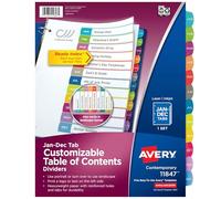 Avery Jan-Dec Customizable Table of Contents Dividers for 3 Ring Binders, 12-Tab Set, Multicolor, 1 Set (11847)