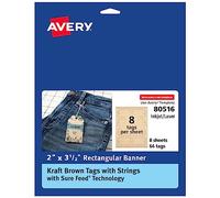 Avery Kraft Brown Banner Tags, Sure Feed Technology, 2" x 3.5", Laser/Inkjet Printable, 64 Total, Strings Included, Also Great for Gifts and Favors (80516)