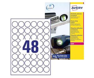 Avery L4716-20 Extra-Strong Adhesive Heavy Duty Weatherproof Round Labels, 48 Labels Per A4 Sheet