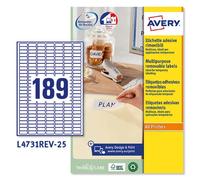 Avery L4731REV-25 Self-Adhesive Removable Mini Labels, 189 Labels Per A4 Sheet,