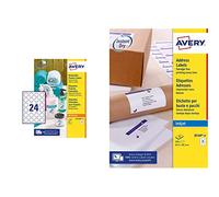 Avery L4851REV Self Adhesive Removable Round Labels, 24 Labels Per A4 Sheet, 600 Labels & Avery Self Adhesive Address Mailing Labels, Inkjet Printers, 21 Labels per A4 Sheet, 210 Labels, White