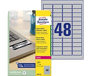 Avery L6009-20 Resistant Labels Self Adhesive 45.7 x 21.1 mm Rectangular Silver 20 Sheets of 48 Labels