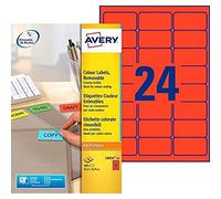 Avery L6034-20 Removable Coloured Labels (A4 Sheets of 63.5 x 33.9 mm, 24 Labels Per Sheet, 20 Sheets) - Red