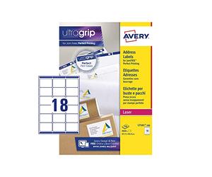 Avery L7161 Printable, Customisable Address Mailing Labels, Laser Printers, 18 Labels Per A4 Sheet, 9000 Labels, UltraGrip, White (L7161-500