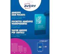 Avery L7283-20 Self-Adhesive Pockets for A6 Sheets, Clear Transparent PP Top-Load Display Wallets, 114 x 155 mm, Round Corners, Permanent Adhesive, Pack of 20