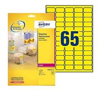 Avery L7651Y-25 Printable, Customisable Removable Neon Yellow Labels, 65 Labels Per A4 Sheet, 21,2 x 38,1 mm