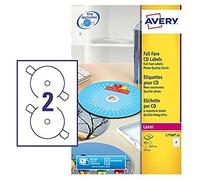 Avery L7676-100 Self-Adhesive Opaque Full Face CD Labels, 2 Labels Per A4 Sheet, White