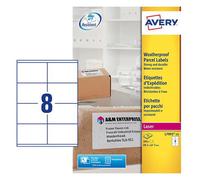 Avery Printable, Customisable Weatherproof/Waterproof, Parcel Mailing Labels, Laser Printers, L7993-25, White, 8 Per A4 Sheet.