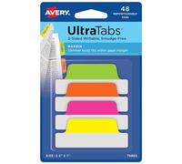 Avery Margin Ultra Tabs, 2.5" x 1", 2-Side Writable, Assorted Neon Colors, 48 Repositionable Page Tabs (74865)