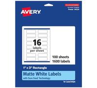 Avery Matte White Rectangle Labels with Sure Feed, 1" x 3", 1,600 Matte White Printable Labels