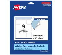 Avery Matte White Removable Square Labels with Sure Feed Technology, 2.5" x 2.5", 450 Removable Labels, Laser/Inkjet Printable Labels
