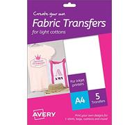 Avery MD1001 A4 Printable Fabric Transfers for Light Cottons, Inkjet Printers Only - 5 x A4 Transfers per Pack, White