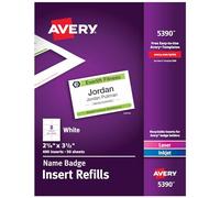 Avery Name Badge Inserts, Print or Write, 2-1/4 Inch x 3-1/2 Inch, 400 Card Stock Refills (5390), White