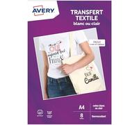 AVERY - Pack of 8 White or Clear T-shirt or Textile Transfer Papers, Customizable and Printable, A4 Size, Inkjet Printing