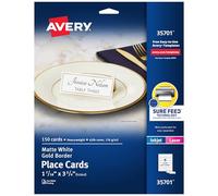 Avery Place Cards with Gold Border, 1-7/16" x 3-3/4", 65 lbs / 176 GSM, Laser/Inkjet, 150 Cards (35701)