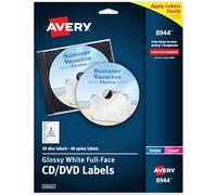 Avery Printable Full-Face CD Labels, Glossy White, Permanent Adhesive, Laser/Inkjet Printable, 20 Disc & 40 Spine Labels, Ideal for CDs, DVDs, PC Discs, Media Projects & More (8944)