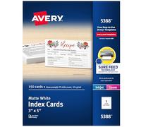 Avery Printable Index Cards with Sure Feed Technology, 3" x 5", White, 150 Blank Index Cards for Laser or Inkjet Printers (05388)