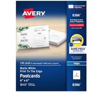 Avery Printable Postcards with Sure Feed Technology, 4" x 6", Matte White, 100 Blank Postcards for Inkjet Printers (8386)