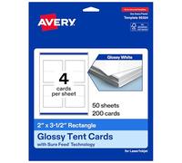 Avery Printable Rectangle Tent Cards with Sure Feed Technology, 2" x 3.5", Glossy White Cardstock, Print-to-the-Edge, Laser/Inkjet, 200 Total, Great for Table Talkers, Promotional Signs, and More