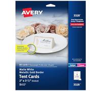 Avery Printable Tent Card, 2" x 3.5", White with Metallic Gold Borders 80 Blank Place Cards for Laser or Inkjet Printers (3328)