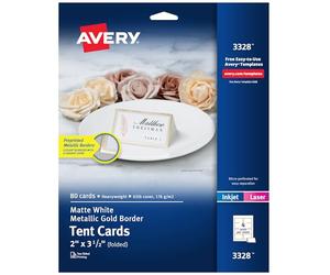 Avery Printable Tent Card, 2" x 3.5", White with Metallic Gold Borders 80 Blank Place Cards for Laser or Inkjet Printers (3328)