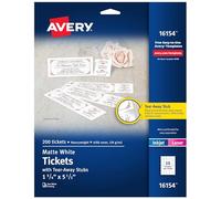Avery Printable Tickets with Tear-Away Stubs White 1 3/4" Width x 5 1/2" Length - Laser, Inkjet - 20/Sheet - 5/Carton (16154CT)