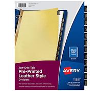 Avery(R) Black Leather Index Tab Dividers, Jan.-Dec. | For Organizing Monthly Documents, Leather-Style Buff Tab, Gold Printing Both Sides, Gold-Reinforced Holes, For 3-Ring Binders